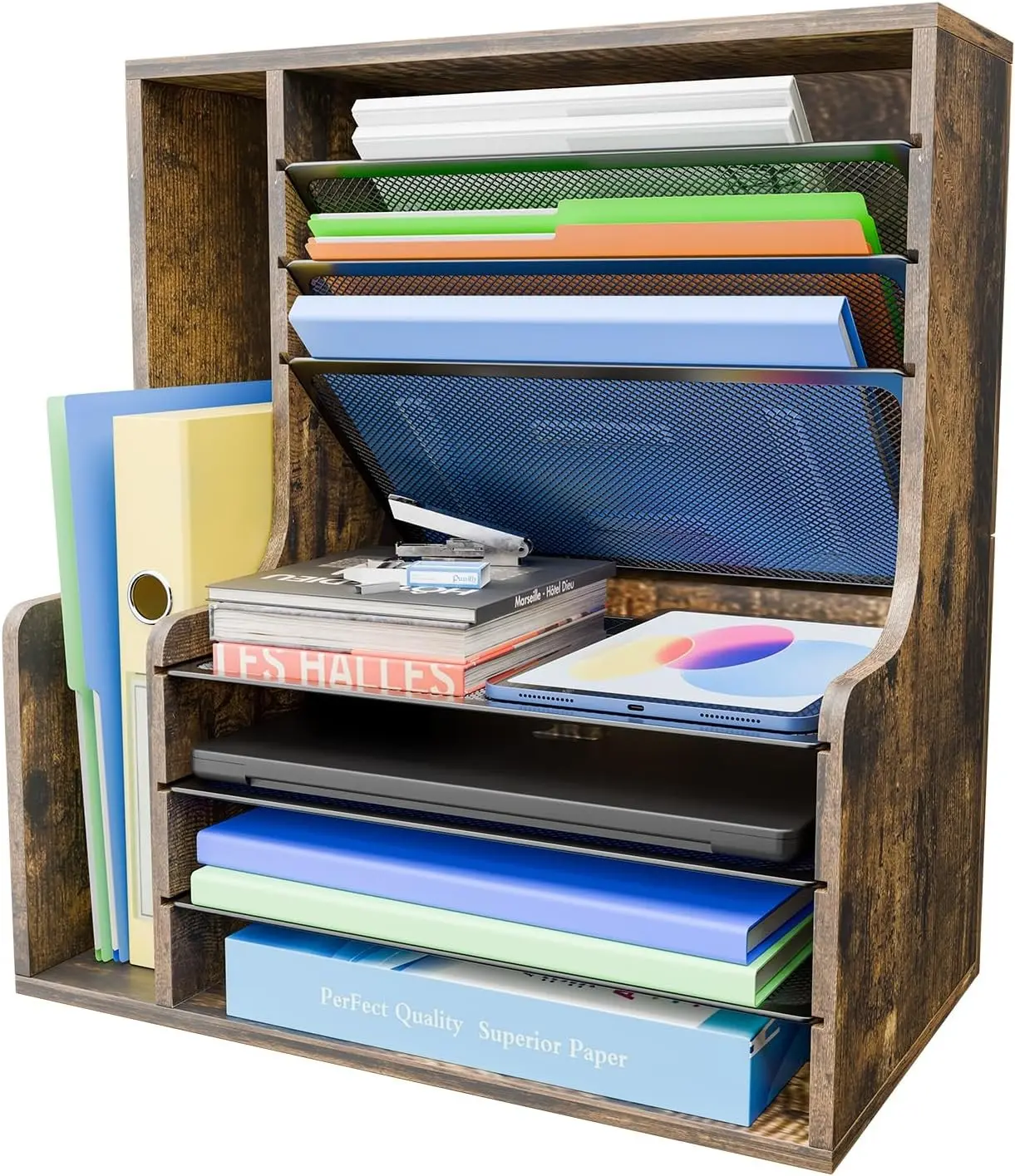 Wooden Desk Organizer, 7- Tier File Organizer, Adjustable Letter Tray Paper Organizer with File Holder for Office Supplies, Rustic Brown