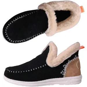 Winter Boots for Women Plush Lined Flat Shoes Comfy Orthopedic Arch Support Outdoor Walking Fluffy Snow Boots Warm Fur Lining Anti-Slip Slip on Loafer Casual Short Non-Slip Booties