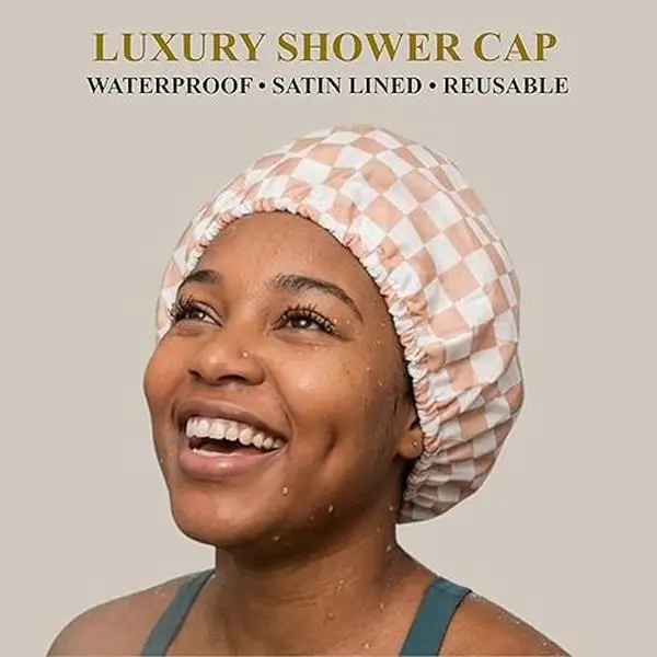 Luxury Shower Caps for Women Reusable Waterproof - Flexi Satin Lined, Large Wide Shower Cap for Women & Men, Adjustable, Stylish Hair Cap for Shower, For Long & Short Hair - Terracotta Checker