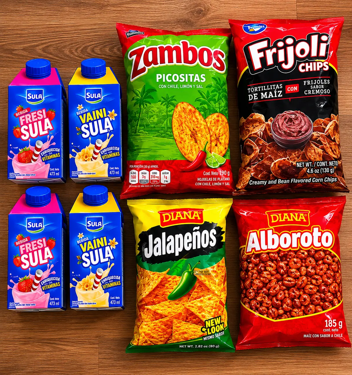 Honduran Flavored Snacks Bundle - 4-Pack Sula Milk (Strawberry, Vanilla), Mixed Churros, 8 Packs Total, Room Temp