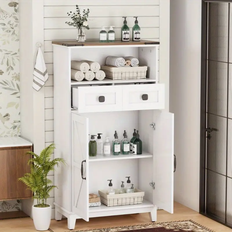Farmhouse Floor Storage Cabinet with Doors & Adjustable Shelves, Small Freestanding Organizer for Entryway or Bathroom, Ideal for Towels, Toiletries & Linen, White