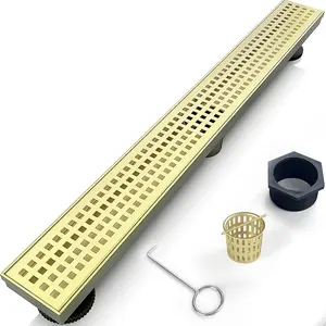24 Inch Linear Shower Drain Bathroom Kitchen Golden Floor Drain Removable Capsule  Cover Accessories Shower Drain 304 Stainless Steel Drain with Hair Strainer Adjustable Leveling