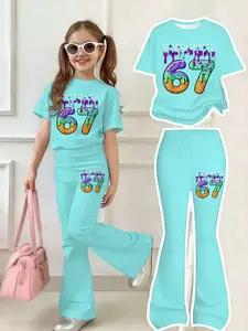 Girls' Bow Set, Summer Clothes Set, Cute Short Sleeve T-Shirt + Elastic Bell Pants, Outdoor Wear, Breathable, Ages 3-12, Printed Design
