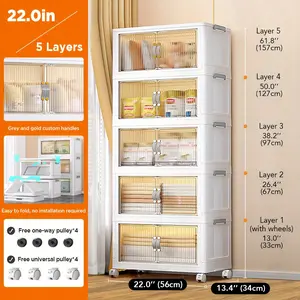 Storage Box with Lid, White Plastic Closet Storage Box and Storage Box, Stackable Storage Box with Wheels, Double Open Folding Container Storage Box, for Home and Office, Vertical Bookshelf