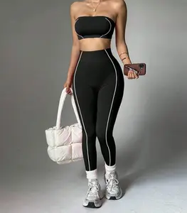 Women’s Yoga Outfit Set – Colorblock Wrap Top with Strapless Design, Peach-Hugging Slim Fit Long Pants, Fitness Sportswear