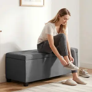 43" Large Storage Ottoman Bench – 46 Gal Capacity, Sturdy Up to 250 lbs, Upholstered Storage Chest for Living Room, Bedroom, Entryway (Blue/Dark Gray/Light Gray)
