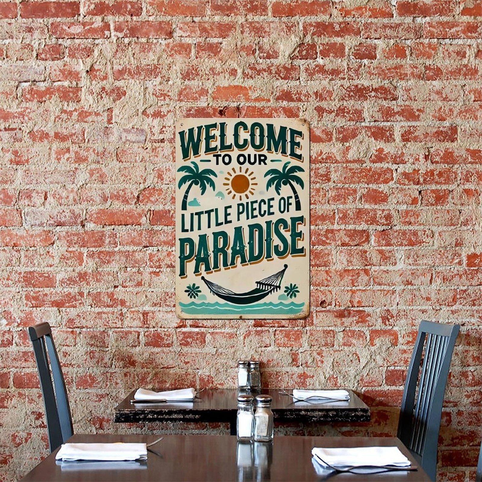 Welcome to Our Little Piece of Paradise Metal Sign, 8x12 Inch Vintage Tropical Beach Aluminum Tin Sign, Rustic Palm Tree Summer Welcome Wall Art Decor with Pre-drilled Holes for Beach House Pool Porch Patio Home Decor