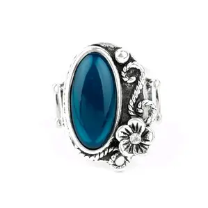 Blue Beaded Ring with White Rhinestone Center and Leafy Floral Frame - Any DAISY Now
