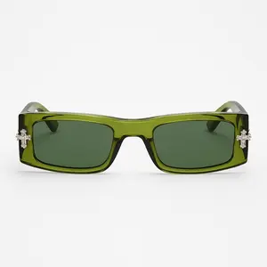 Like A Prayer Luxury Green Sunglasses with Olive Acetate Frame & Crystal-Embellished Cross Details for Unisex Edgy Glam Fashion