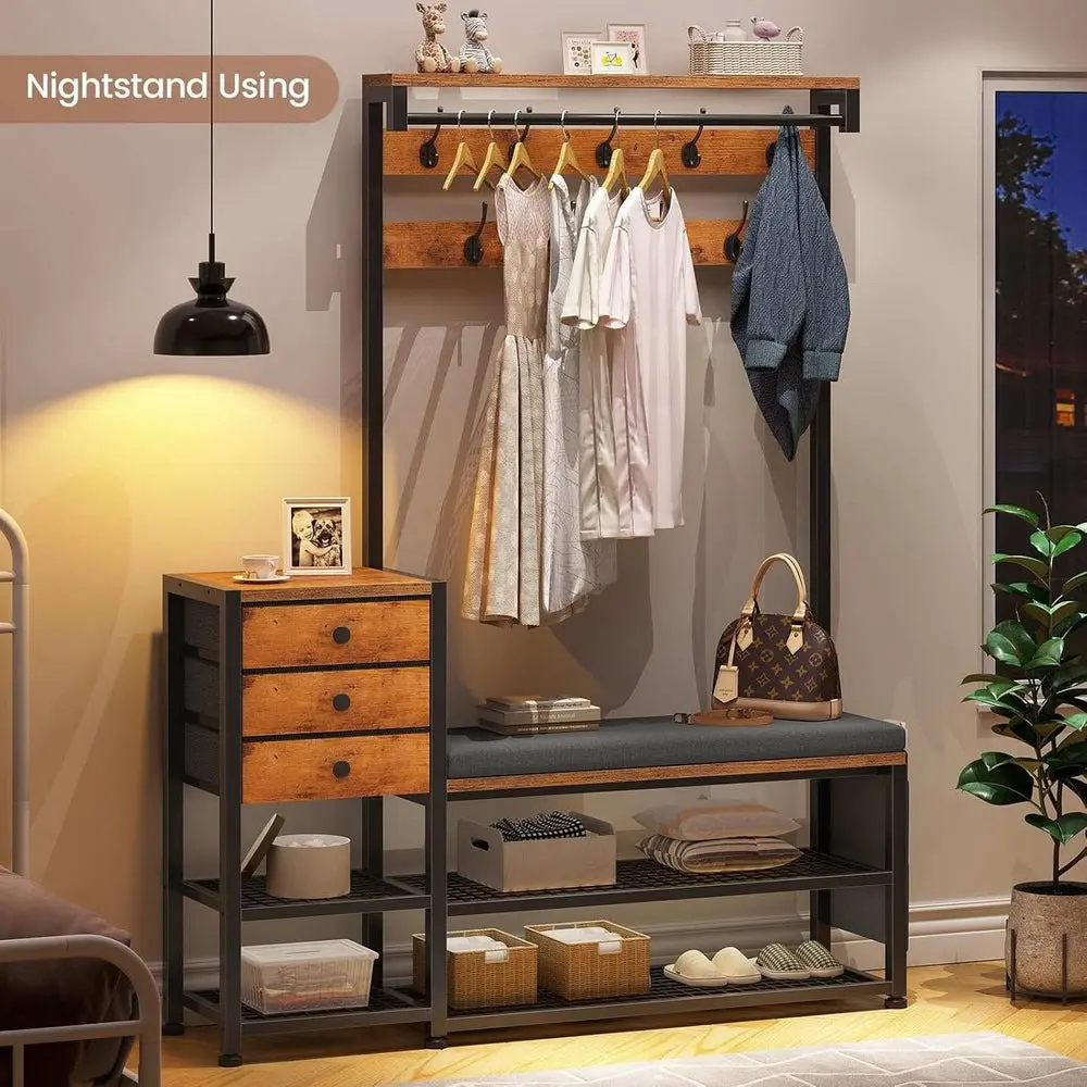 Sikaic 5-in-1 Entryway Hall Tree with Bench and Shoe Storage Rustic Brown Modern Coat Rack with Soft Cushion, Storage Bag and 3 Fabric Drawers Furniture Living Room Bedroom Wooden Coat Rack Coat Racks Organiser Summerwins