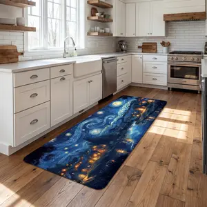 Starry Night Kitchen Rugs and Mats Set of 2 - Non Slip Washable Kitchen Floor Mat 17"x48" + 17"x28" - Blue Van Gogh Style Art Runner Rug - Absorbent Standing Mat for Kitchen Sink, Laundry, Hallway