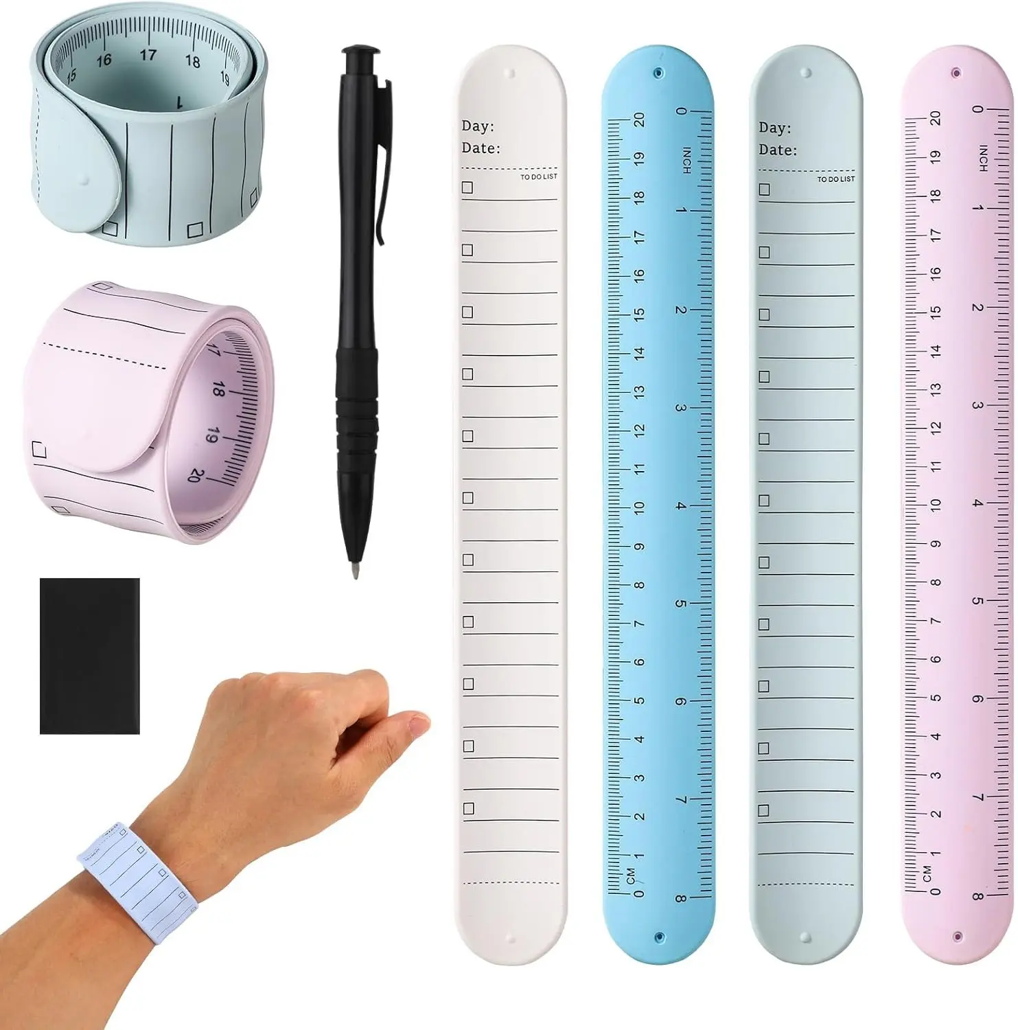 4pcs Wrist Notepad, 9.37x1.18x0.1in Silicone Reusable Notes Memo Wristband Erasable Wearable to Do List Reminder Bracelet with Pen Eraser Slap Ruler for Students Nurses Daily Study Work