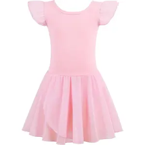 L-GCS015  Girls Dance Ballet Leotards Dresses for Toddler Ballerina Outfit Skirt Hollow Knot Back Flutter Sleeve