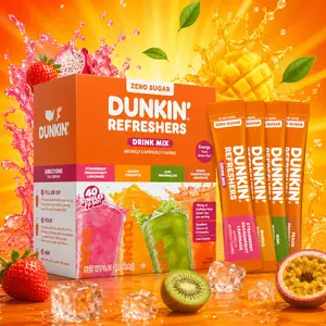 Dunkin’ Refreshers Singles To Go! Zero Sugar Powdered Drink Mix, 40 Ct Variety Pack, Energy from Green Tea, Aspartame-Free, No Synthetic Colors, 40 Single-Serve Packets, Just Add Water