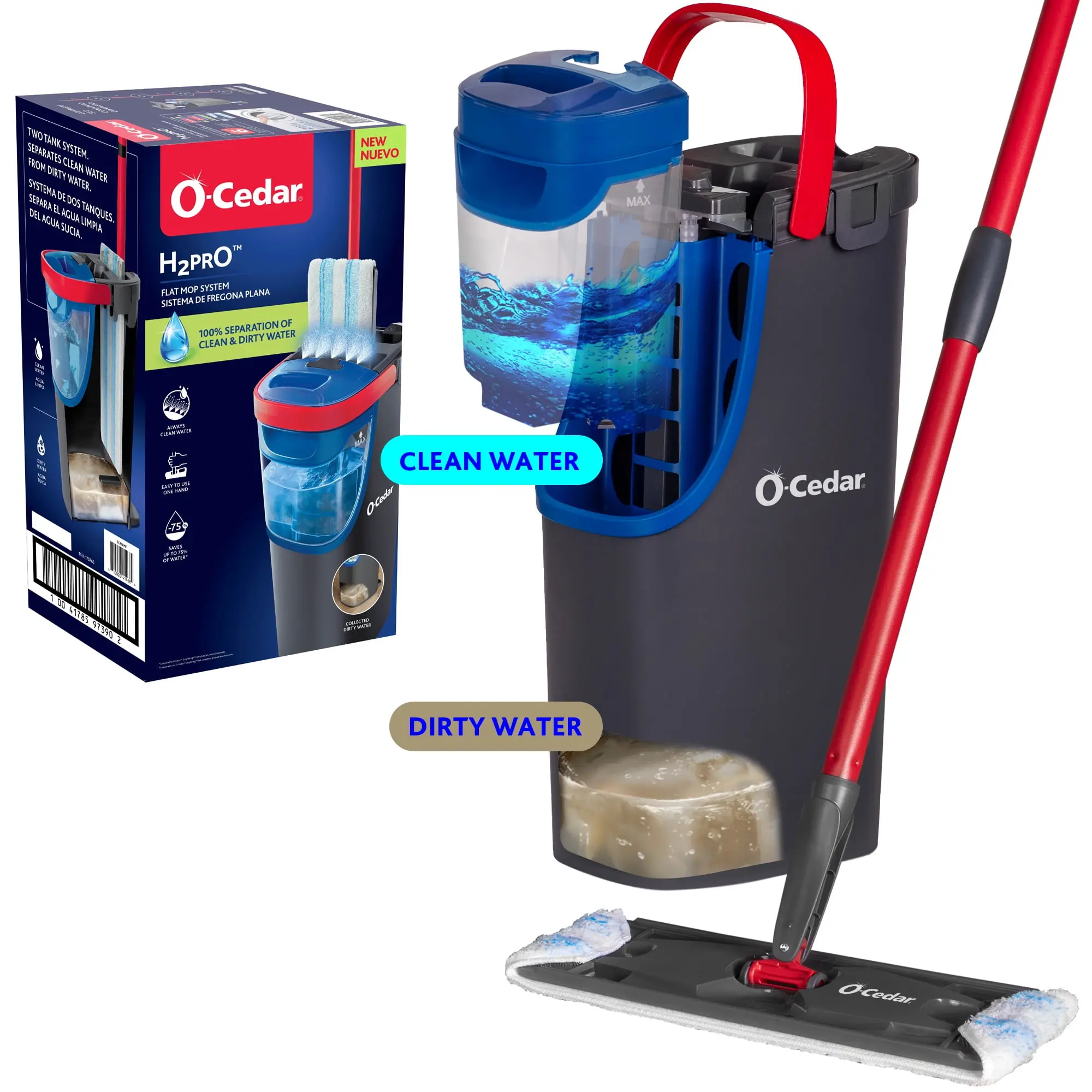 O-Cedar H2prO™ Flat Mop System with Dual Tank Design and Reusable Microfiber Pads