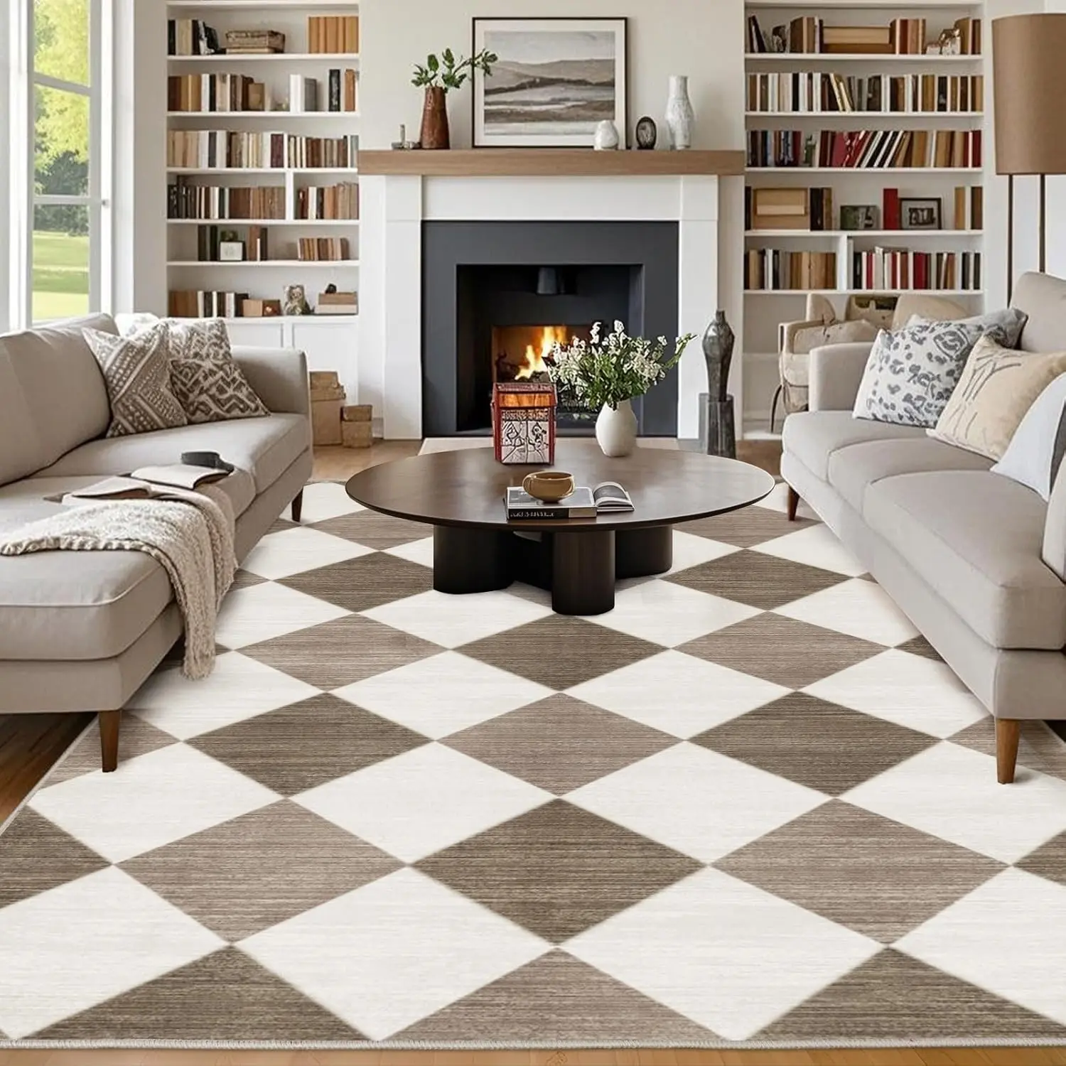 Washable Beige Camel Checkered Area Rug, Soft Geometric Rug for Living Room & Bedroom, Cozy Neutral Home Decor