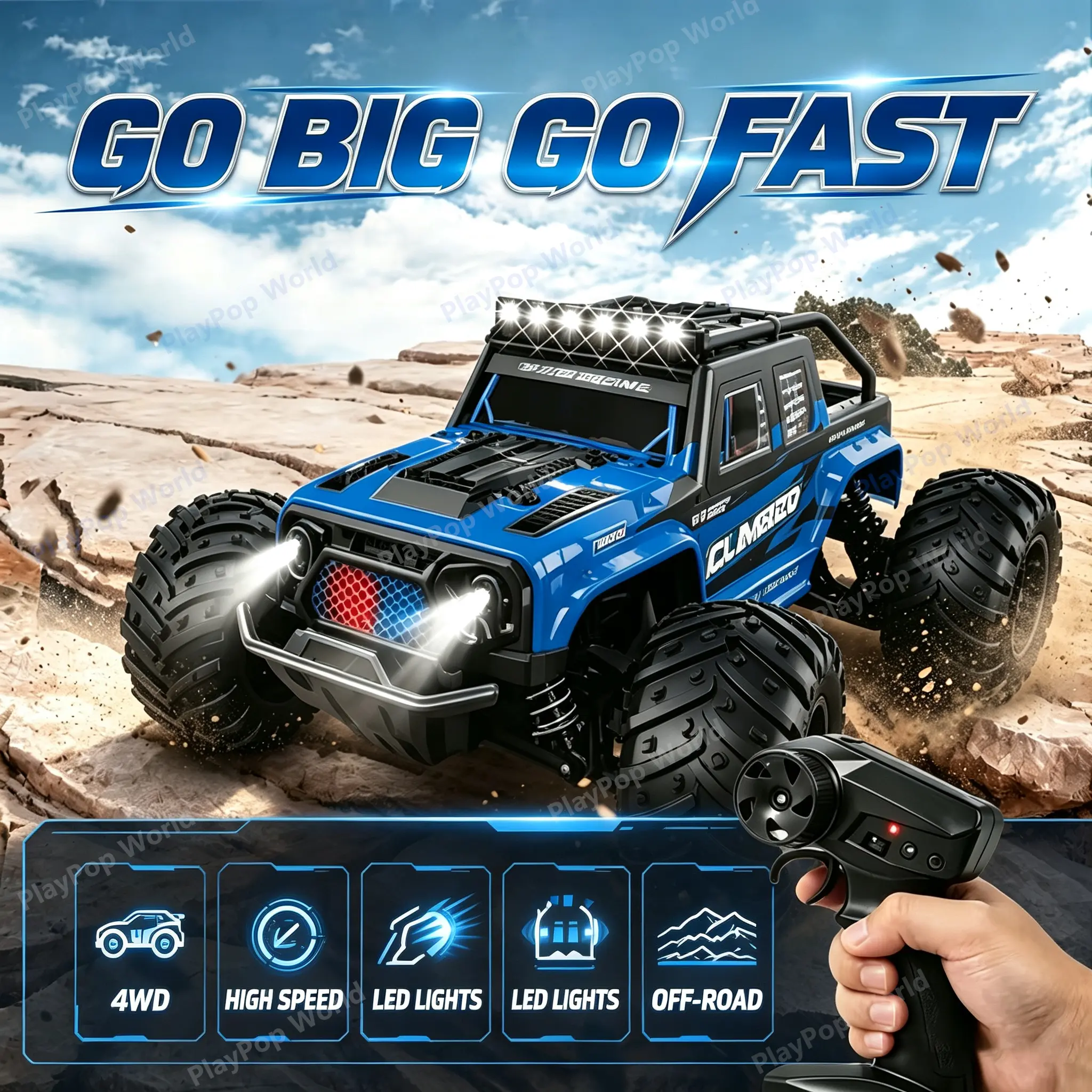 1:18 Large-sized remote-controlled off-road vehicle. Equipped with 2.4GHz anti-interference remote controller, double-shell design and shock absorption effect, featuring LED double-row tail lights and powerful motor.