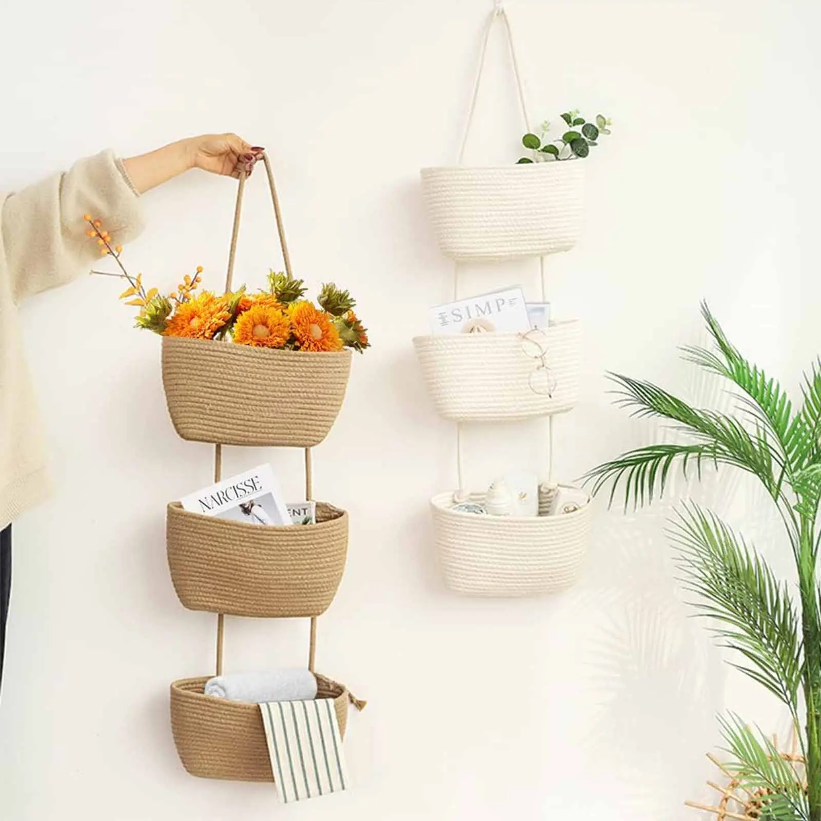 Boho Woven 4-Tier Hanging Baskets, Over-the-Door Organizer with Detachable Bins for Nursery Organizing, Bathroom Storage, and Baby Showers, Jute, 14.4 X 3.5 X 7 Inches, 1.75 Inches, Detachable Design, Cotton Rope, Birthdays, Nursery Org., Boho Chic Bedroo