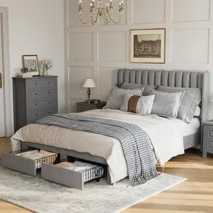 Upholstered Platform Bed with Velvet Headboard, Wing Edge Design, 2 Storage Drawers, No Box Spring Needed, Easy Assembly ﻿ ﻿