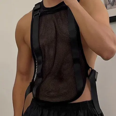 INCERUN  Men's Fashion Simple Design Sleeveless Vest, Mesh Hollow Out Adjustable Buckle Vest, Suitable for Daily Wear