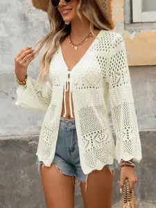 Women's Plain Hollow Out Tie Front Long Sleeve Fitted Cardigan, Casual Knit Sweater for All Seasons, Ladies Fashion Style Knitwear Clothing, Beige