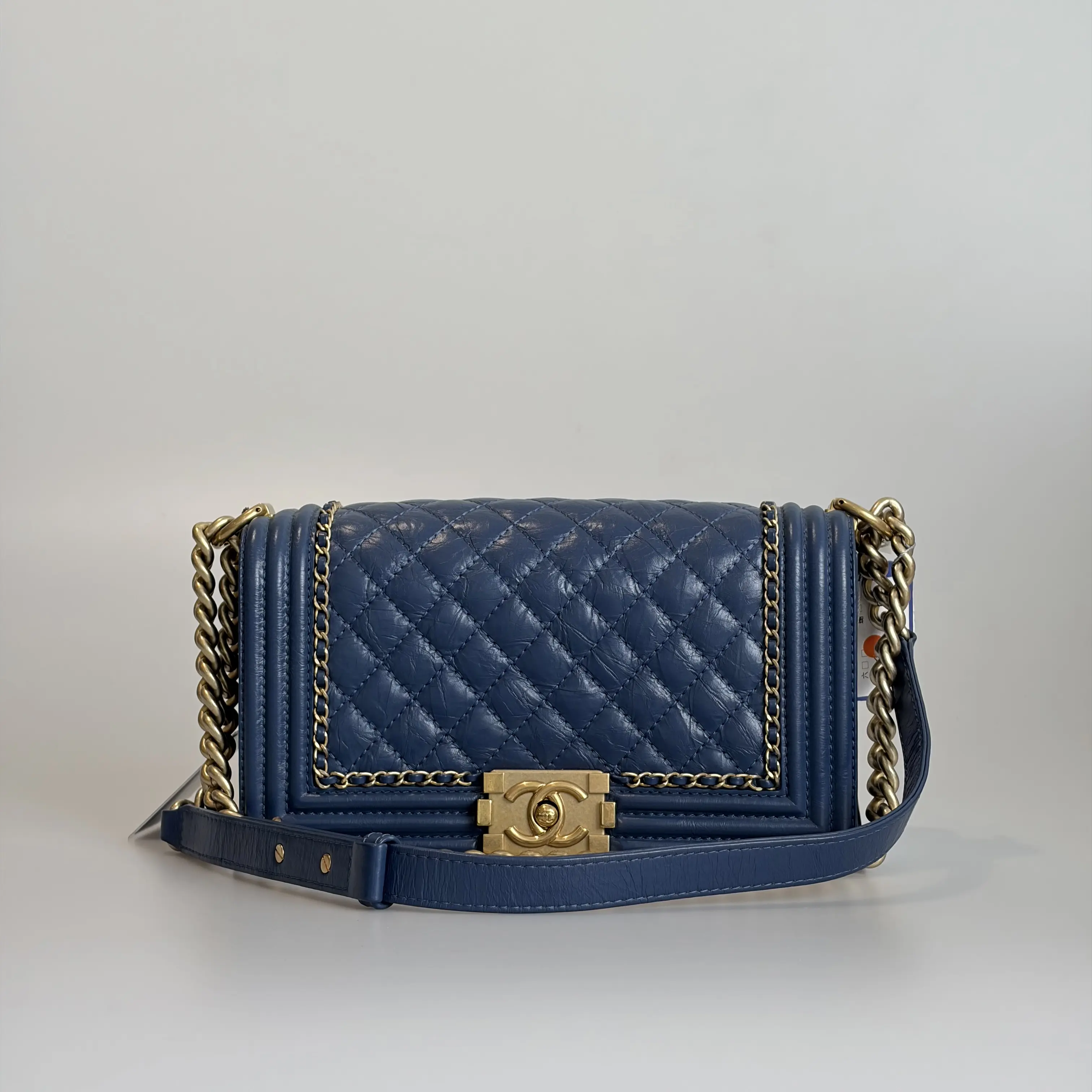 Pre-owned CHANEL Calfskin Shoulder Bag Le Boy Medium Blue Quilted Gold Tone Hardware 11686128 Sold As Is / Final Sale