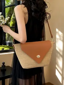 New Woven Bag Women's Triangle Straw Beach Bag, Shoulder Crossbody Bag, Vintage Patchwork, Summer High Fashion, Elegant Commute Bag