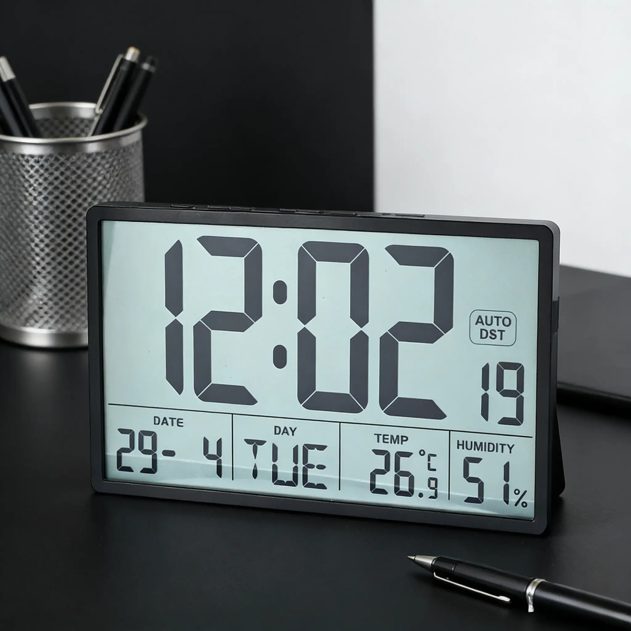 8-in Large Display Plastic LED Digital Wall Clock - Jumbo Visible LCD Numbers, Automatic DST Adjustment, Temperature & Date Display, Battery-Powered Home Decor for Office-Warehouse (Black/White), Led Digital Clock