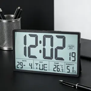 8'' Large Display Digital Wall Clock, Jumbo Visible LCD Numbers, Temperature Date Auto DST Adjustment, Battery Powered Reliable Wall Clock for Office Classroom Warehouse Workshop Clinic Reception Area.Black/White
