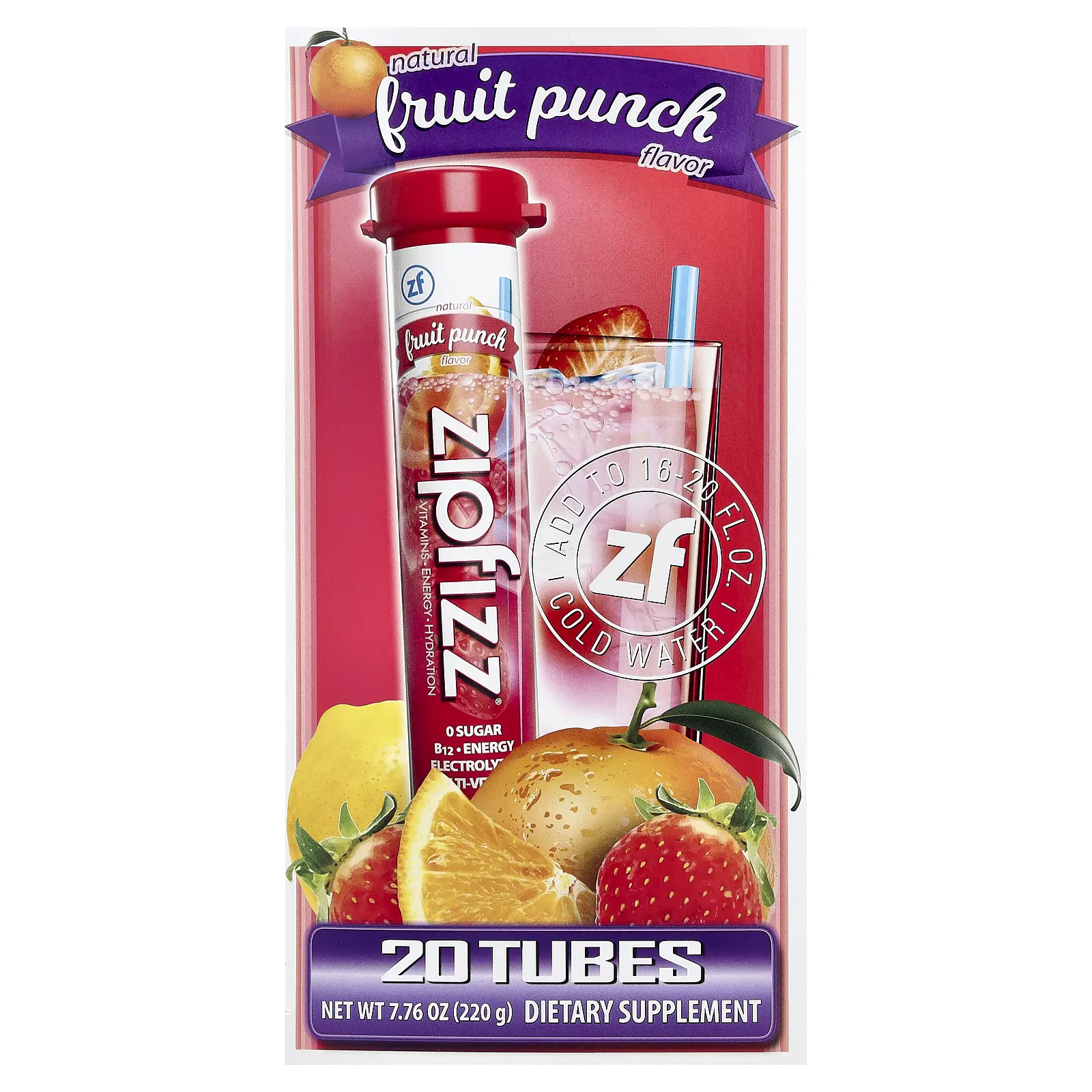 Zipfizz Energy Drink Mix, Fruit Punch, 20 Tubes, 0.39 oz (11 g) Each