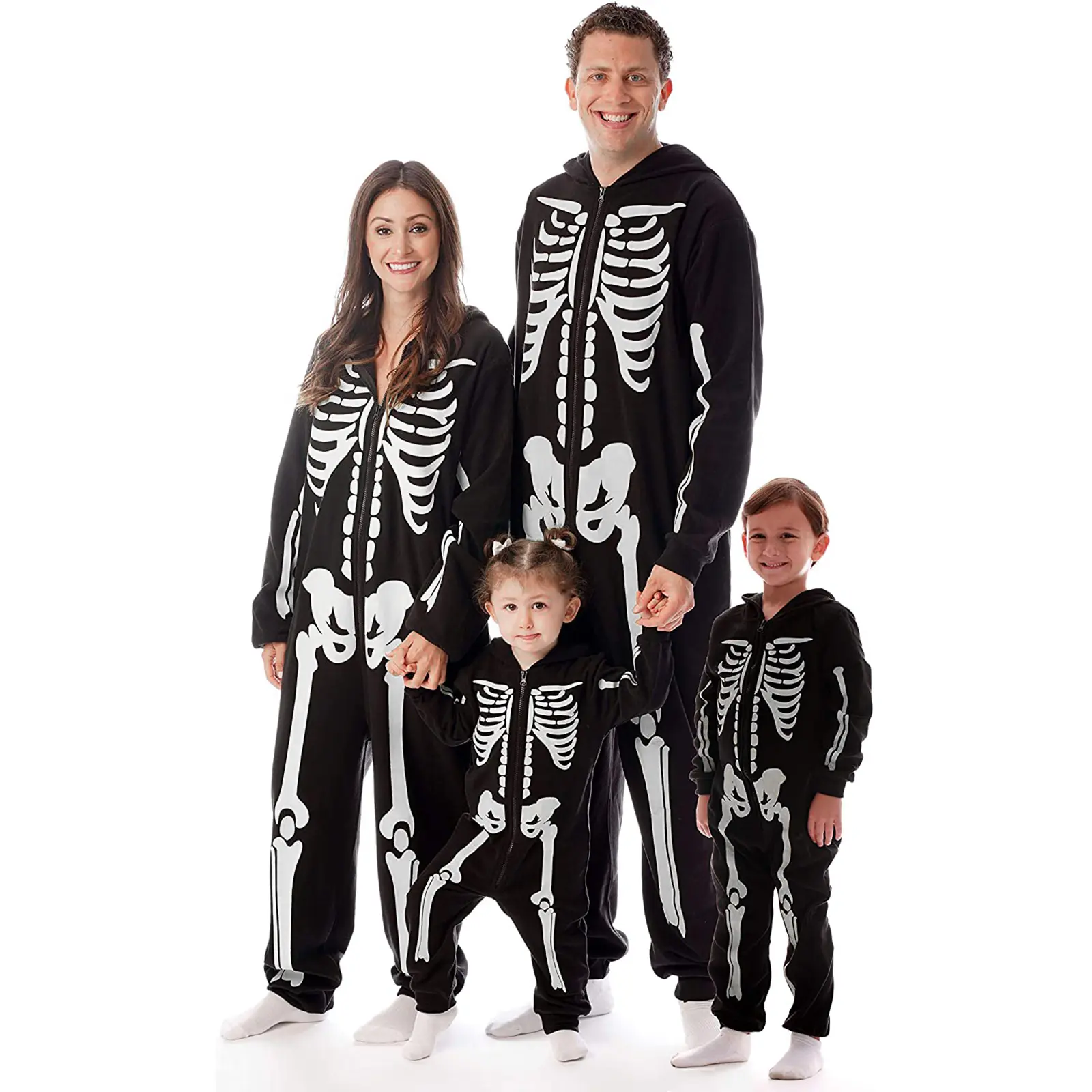 Women's Casual Polyester Halloween Matching Family Skeleton Hooded Zipper Jumpsuit Sleepwear Clothes, Festive Costume PJS Sets