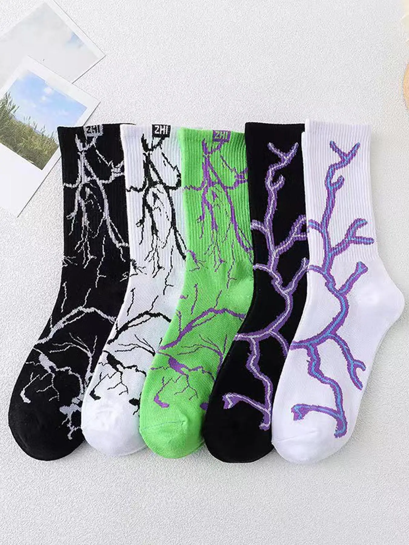 Men's 5 Pairs Novelty All Over Print Crew Socks, Casual Street Style Multicolor Lightning Print Athletic Socks, Soft Comfy Breathable Graphic Mid-calf