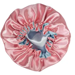 Pink & Light Blue Reversible Silky Satin Hair Bonnet for Adults Kids & Newborns Adjustable Sleep Night Cap for Curly Hair Protection Perfect Gift