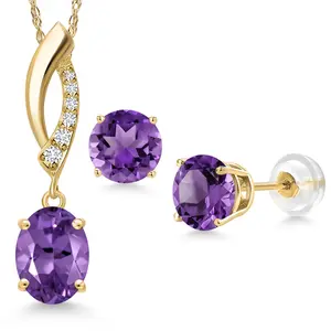 Gem Stone King 14K Yellow Gold Purple Amethyst and Lab Grown Diamond Pendant Earrings Jewelry Set For Women | 3.21 Cttw | Gemstone February Birthstone | Oval 8X6MM | with 18 Inch Chain