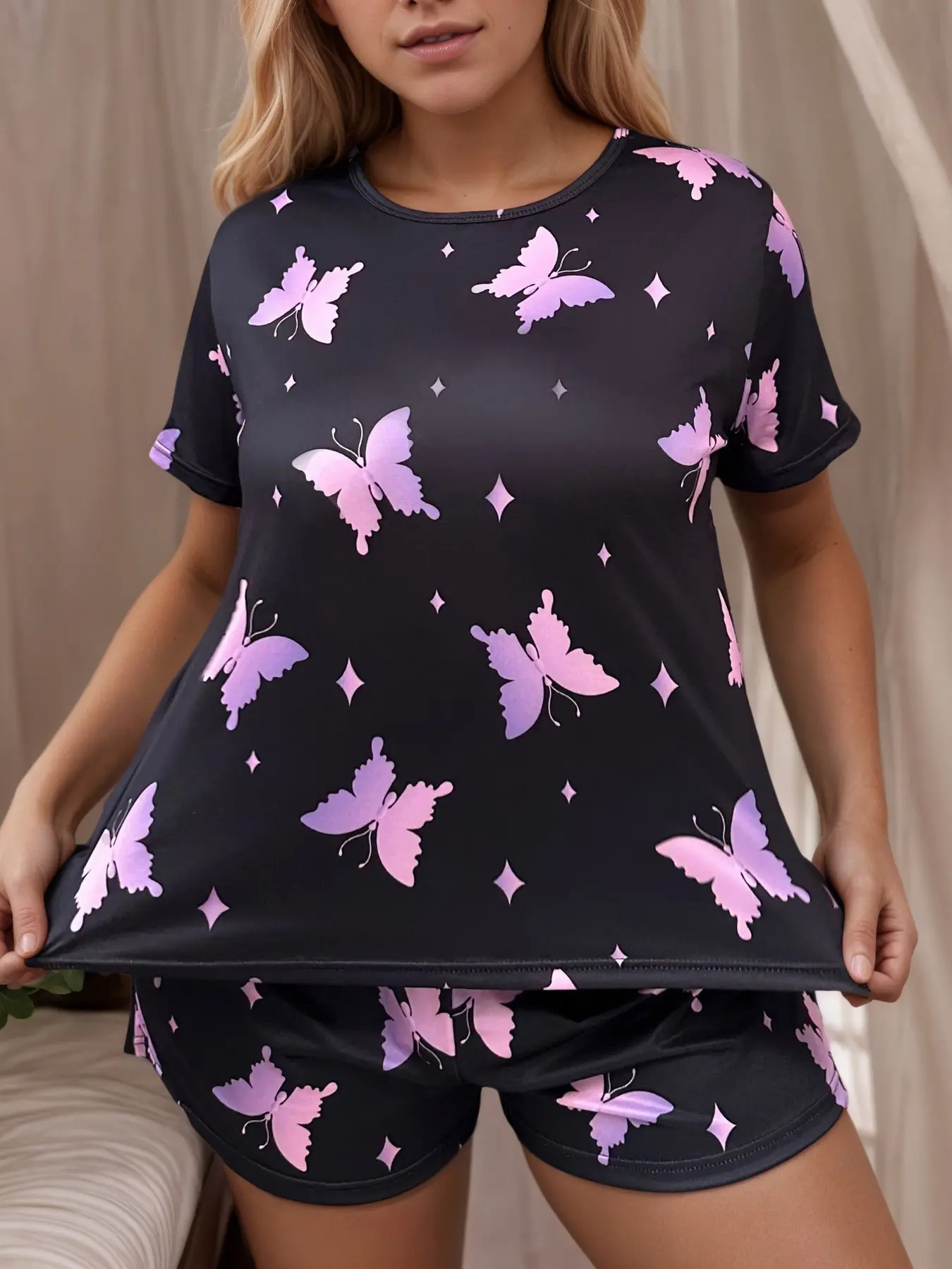 [1XL-7XL]Women's Plus Size Buttergly Pajama Set, Butterfly, Comfortable Sleepwear, Loungewear, Short Sleeve and Shorts, Fashion Home Clothes for Daily Wear, Girl's Daily Gift, Casual Summer Loungewear, Summer Pajamas, Pjs, Knit Loungewear Pajamas