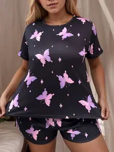 [1XL-7XL]Women's Plus Size Buttergly Pajama Set, Comfortable Sleepwear, Short Sleeve and Shorts, Fashion Home Clothes for Daily Wear, Girl's Daily Gift, Summer Pajamas
