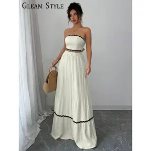 Women's Striped Print Tube Top & Wide Leg Pants Set, Boho Minimalist Sleeveless Top & Trousers for Beach Holiday Vacation, Ladies Clothes for Summer, WomenswearGift