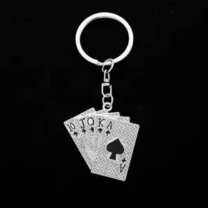 1pc metal creative diamond-encrusted playing card keychain personalized car key accessory, shiny royal flush poker card keychain