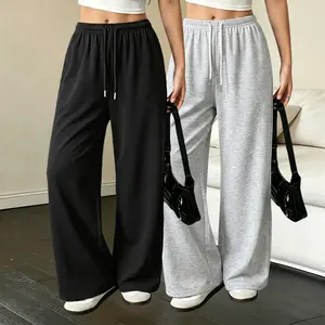 Women's 2-Pack Baggy Wide Leg Sweatpants – Soft, Breathable, Elastic Drawstring High Waist Straight Leg Joggers, Casual Lounge Streetwear Bottoms, Black + Light Gray, XS-3XL Adjustable Fit Everyday Essential