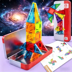 Portable Magnetic Building Blocks Space Set - Reusable Travel Sensory Toy for Kids, STEM Montessori Preschool Learning Kit, Creative Imaginative Play Rocket Set with Metal Storage Box