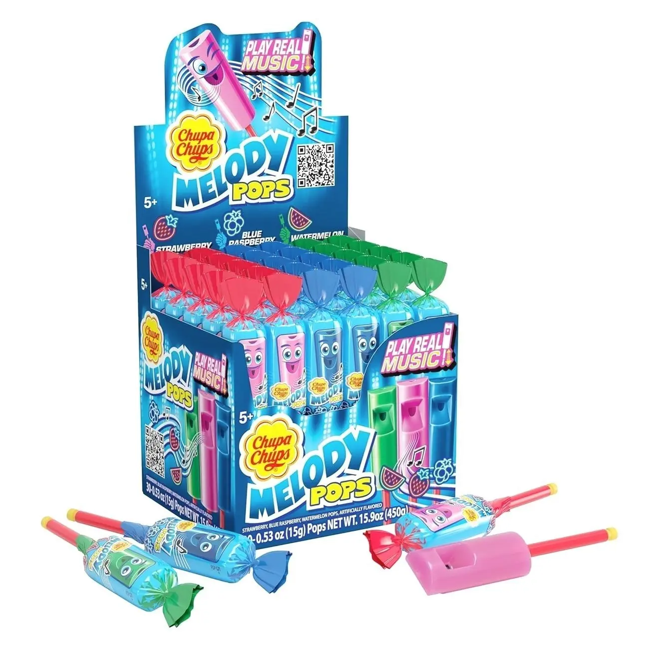 Chupa Chups Melody Pop Whistle Lollipops, Individually Wrapped Candy for Kids, Assorted Flavors, Fun Candy Suckers, Party Favor & Goodie Bags Stuffer for Kids Birthday, 30 Count