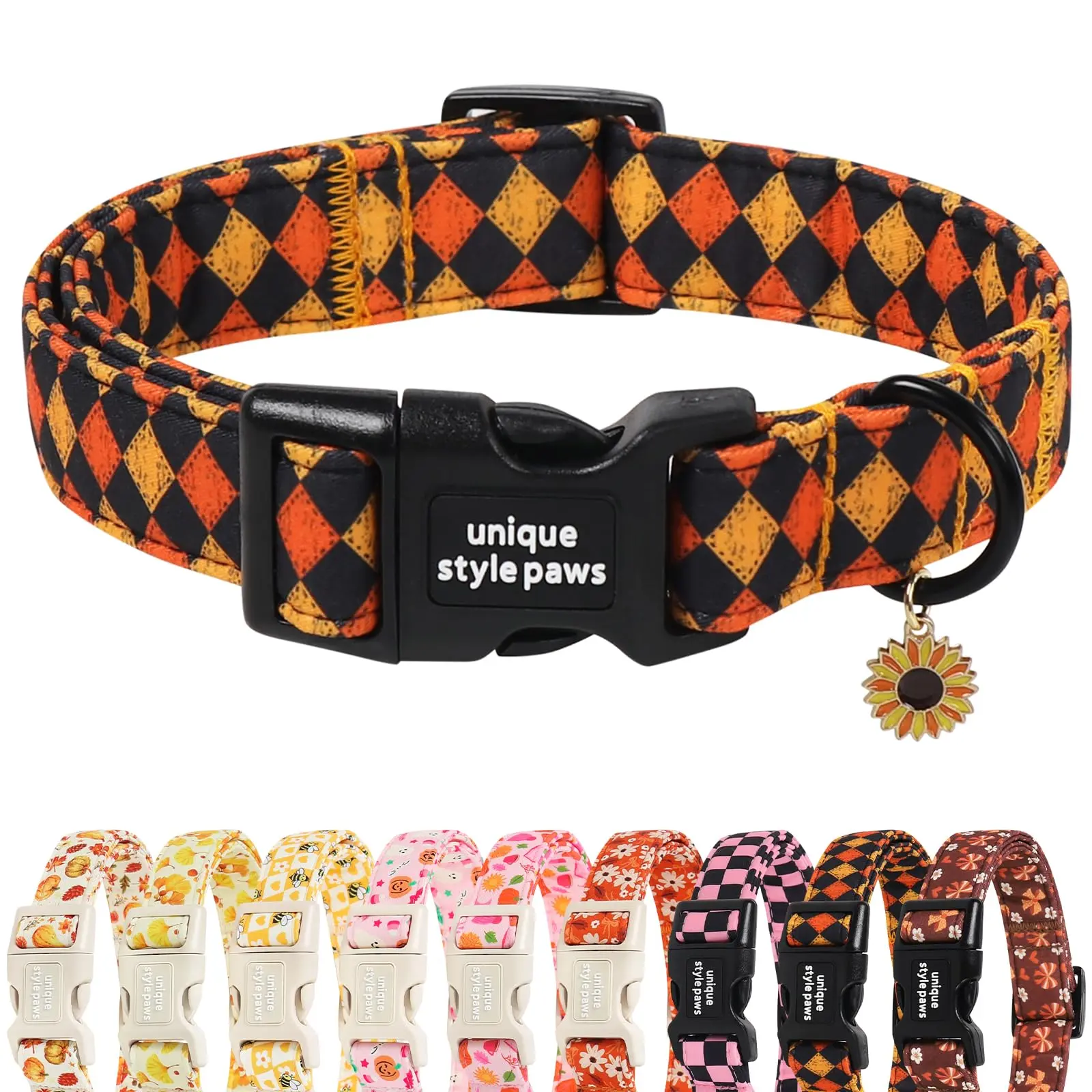 Autumn Diamond Grid Dog Collar with Plastic Buckle & Pendant, Basic Collar for Small, Medium, Large Dogs