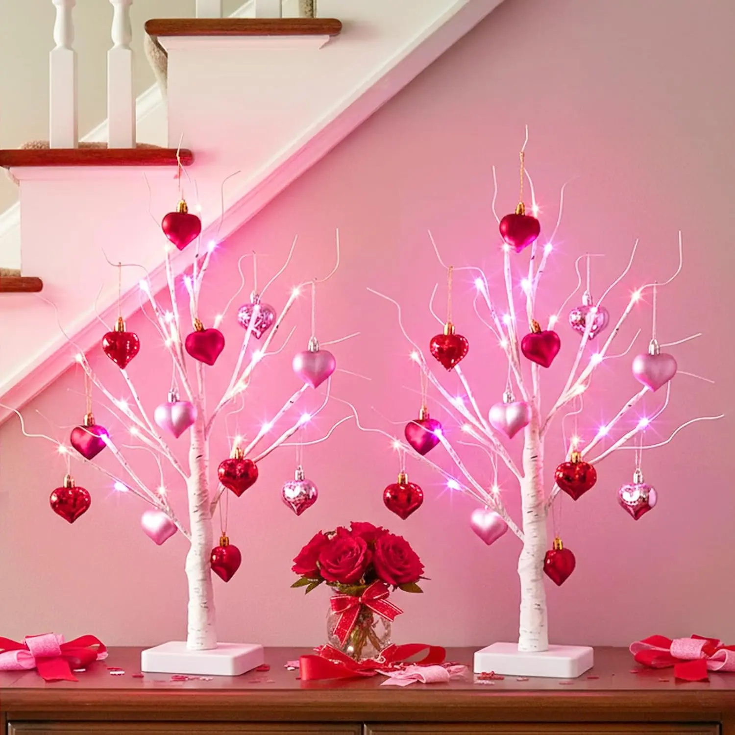 2-Pack Lighted Birch Tree Valentine's Day Decorations with Hanging Heart Ornaments, 24 Pink&Red LED Lighting, Battery-Operated Artificial Twig Tabletop Decor, for Home Indoor Table, Room Use, Lighted Decorative Lights
