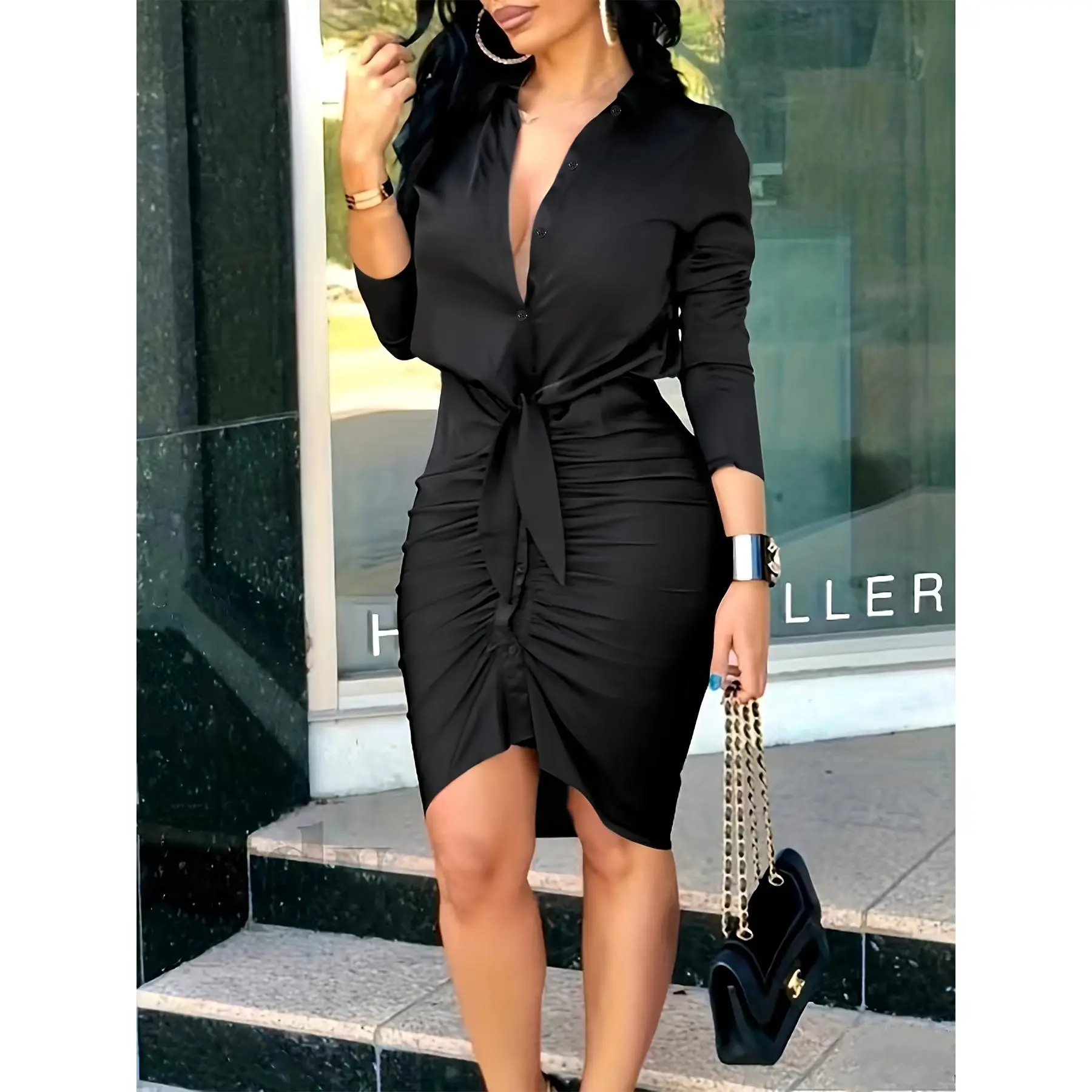 ruched button through bodycon dress Chocolate Ruched Button Front Midi Bodycon Dress