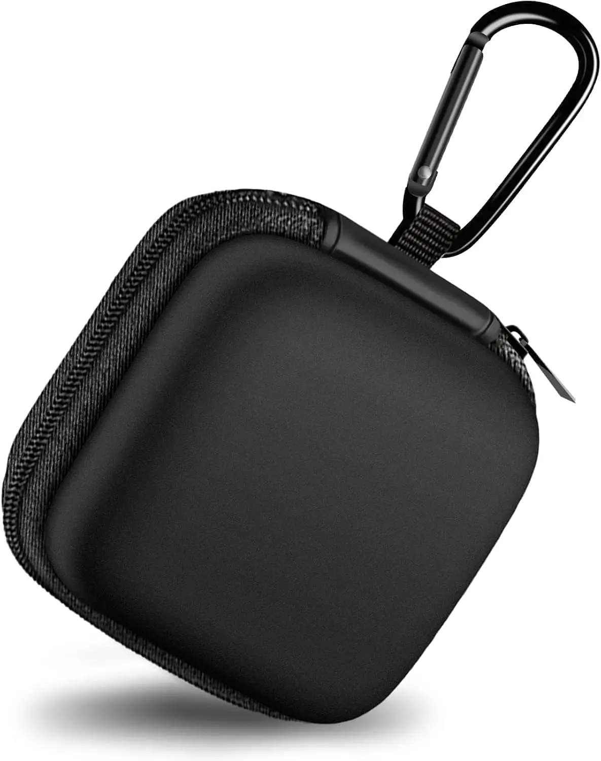 Portable Square Earbud Case with Carabiner, Compact PU Leather Tech Organizer Storage Pouch for Wired & Wireless Earphones, Memory Cards, Chargers, USB Drives & Small Accessories, Black