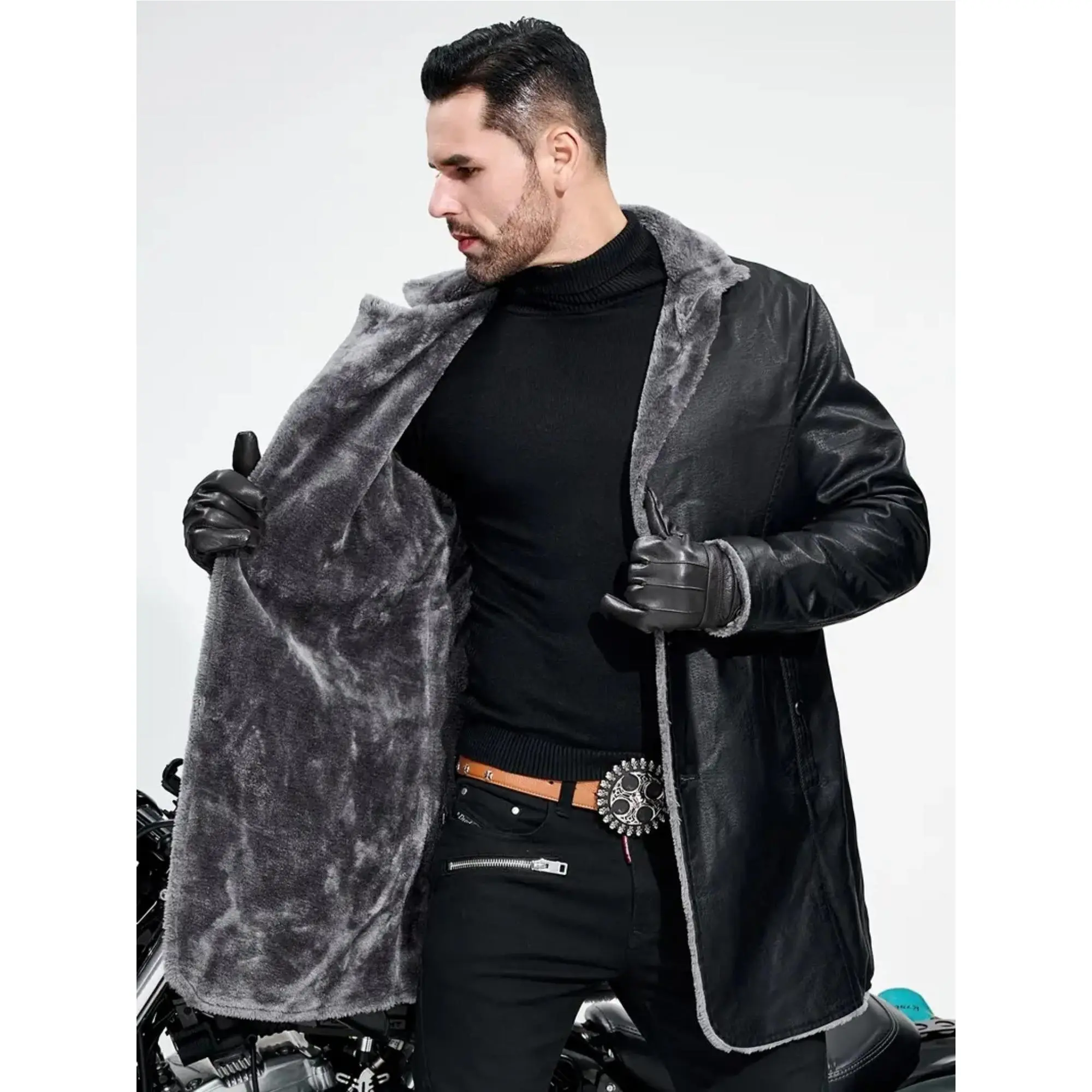 Men's PU Fleece-Lined Casual Warm Longsleeve Fashion Jacket - Chic Biker Blazer, Autumn Winter Motocross Streetwear Outerwear, Plain Black Beige Casual Outdoor Outerwears Coat