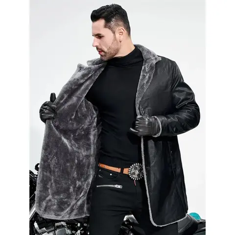 Men's PU Leather Biker Blazer - Fashionable Jacket, Collared Neck, Rugged Long Sleeves, Warm Fleece Core, Plain Color, Black/Brown, Hand Wash Only, Autumn Winter Outerwear, S(36) to XL(42), Casual Comfy Menswear Moto Gear