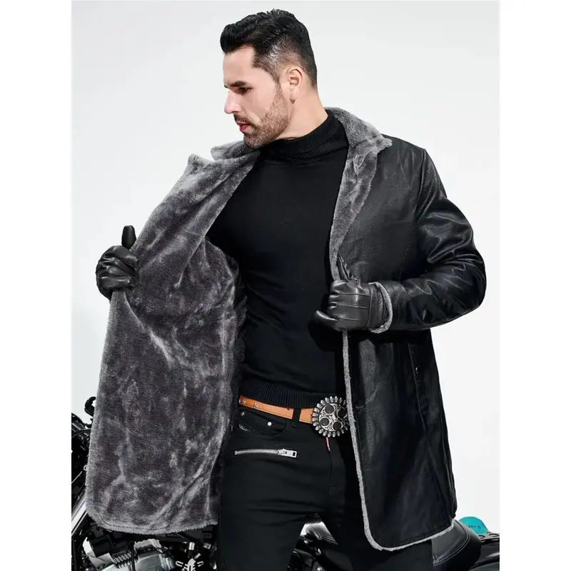 Men's PU Leather Biker Blazer - Fashionable Jacket, Collared Neck, Rugged Long Sleeves, Warm Fleece Core, Plain Color, Black/Brown, Hand Wash Only, Autumn Winter Outerwear, S(36) to XL(42), Casual Comfy Menswear Moto Gear