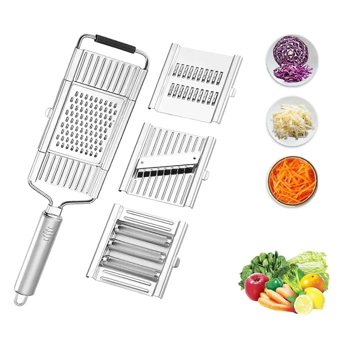4-in-1 Vegetable Cutter with Cheese Grater – Stainless Steel Mandoline Slicer for Carrot, Cabbage & Kitchen Shredding