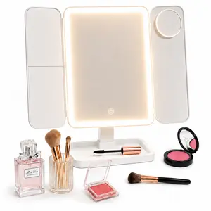 3-color LED lighting makeup mirror, detachable and foldable in three directions, rechargeable, equipped with 2x, 3x and 10x magnifying mirrors, with touch light control, suitable for travel and bedroom use in bathrooms.